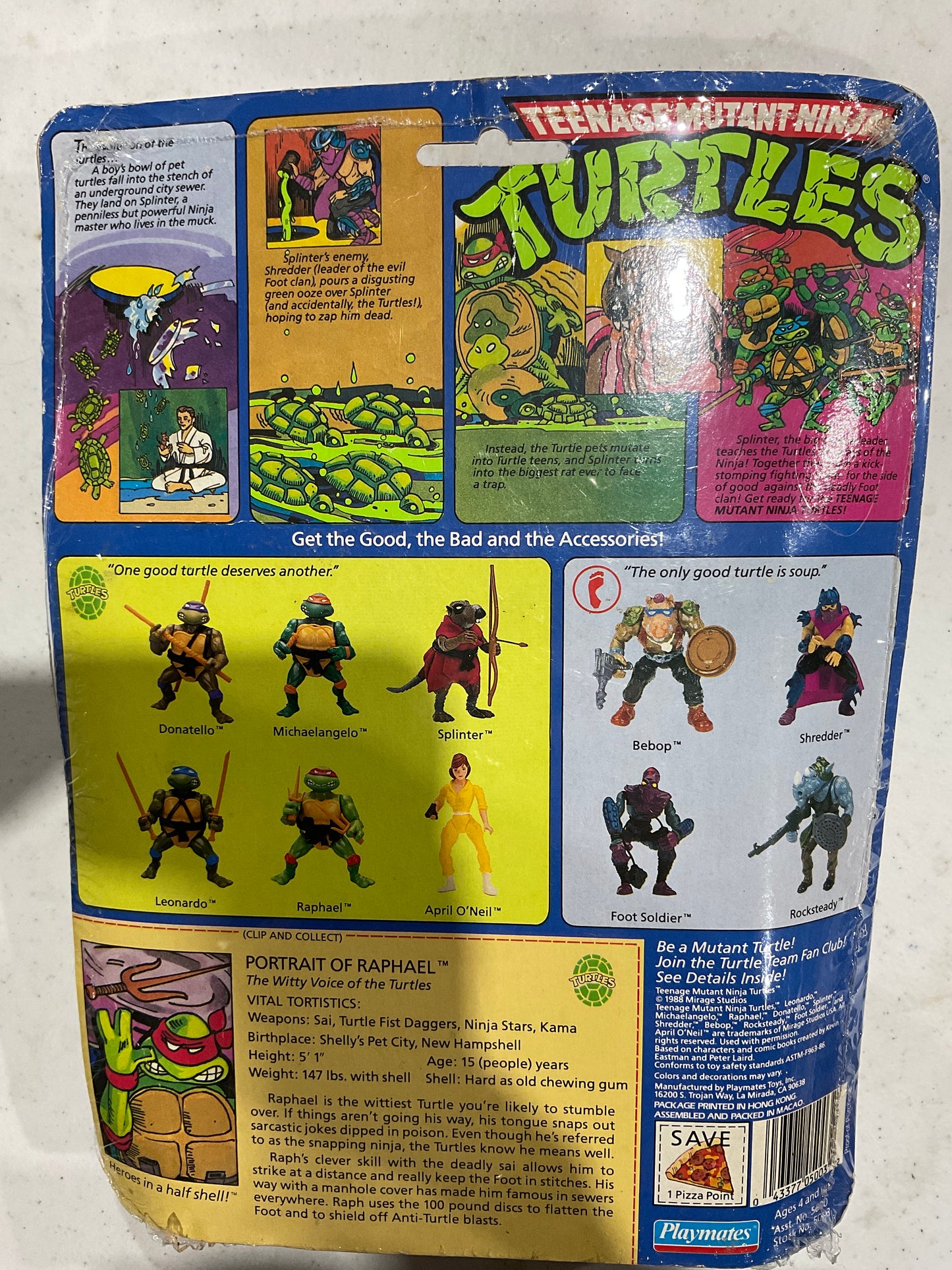 1988 TMNT Series 1 Raphael, LOOSE BUBBLE, DAMAGED CARD