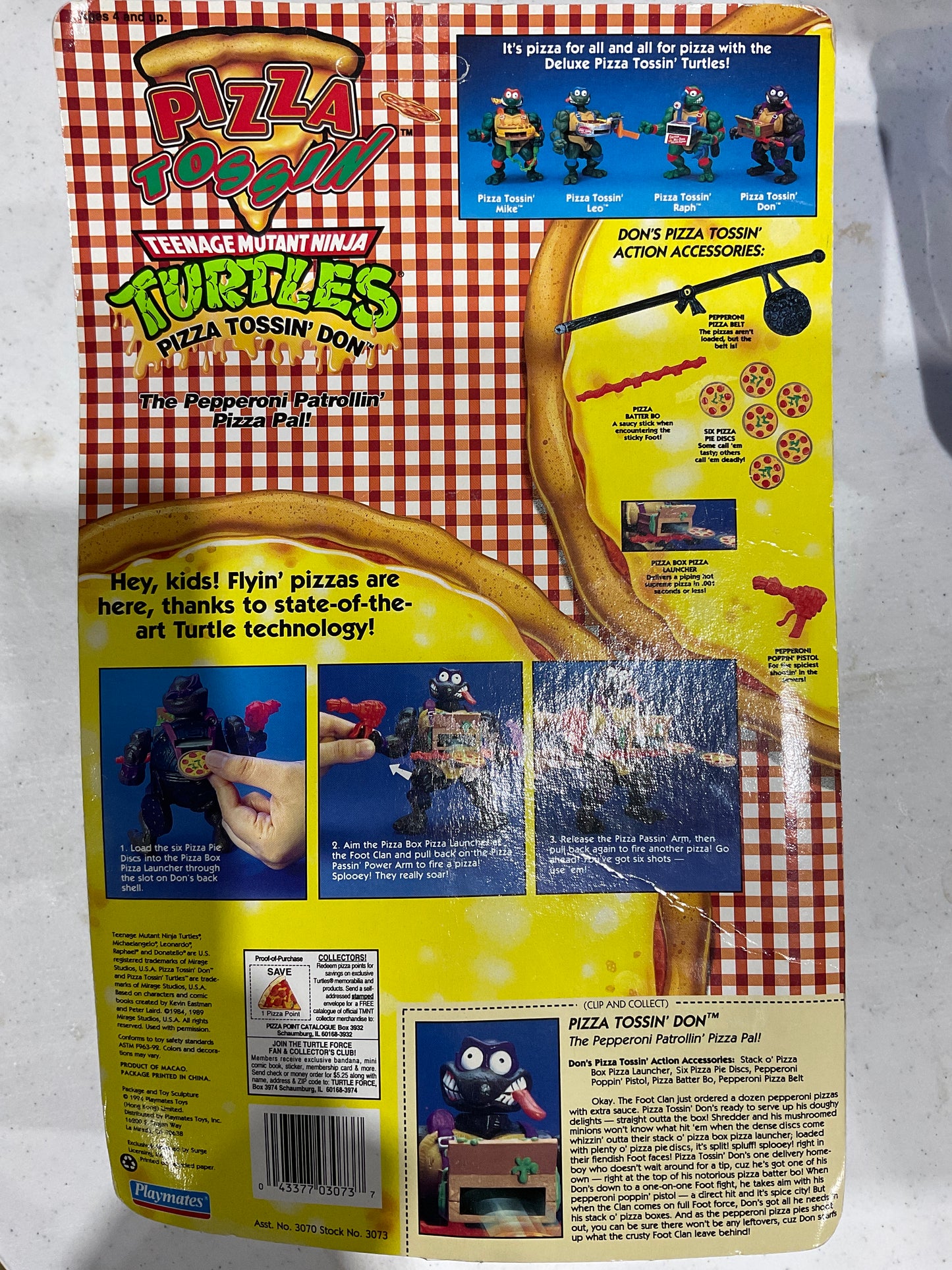 1994 TMNT Pizza Tossin’ Don sealed on card, DAMAGED BUBBLE