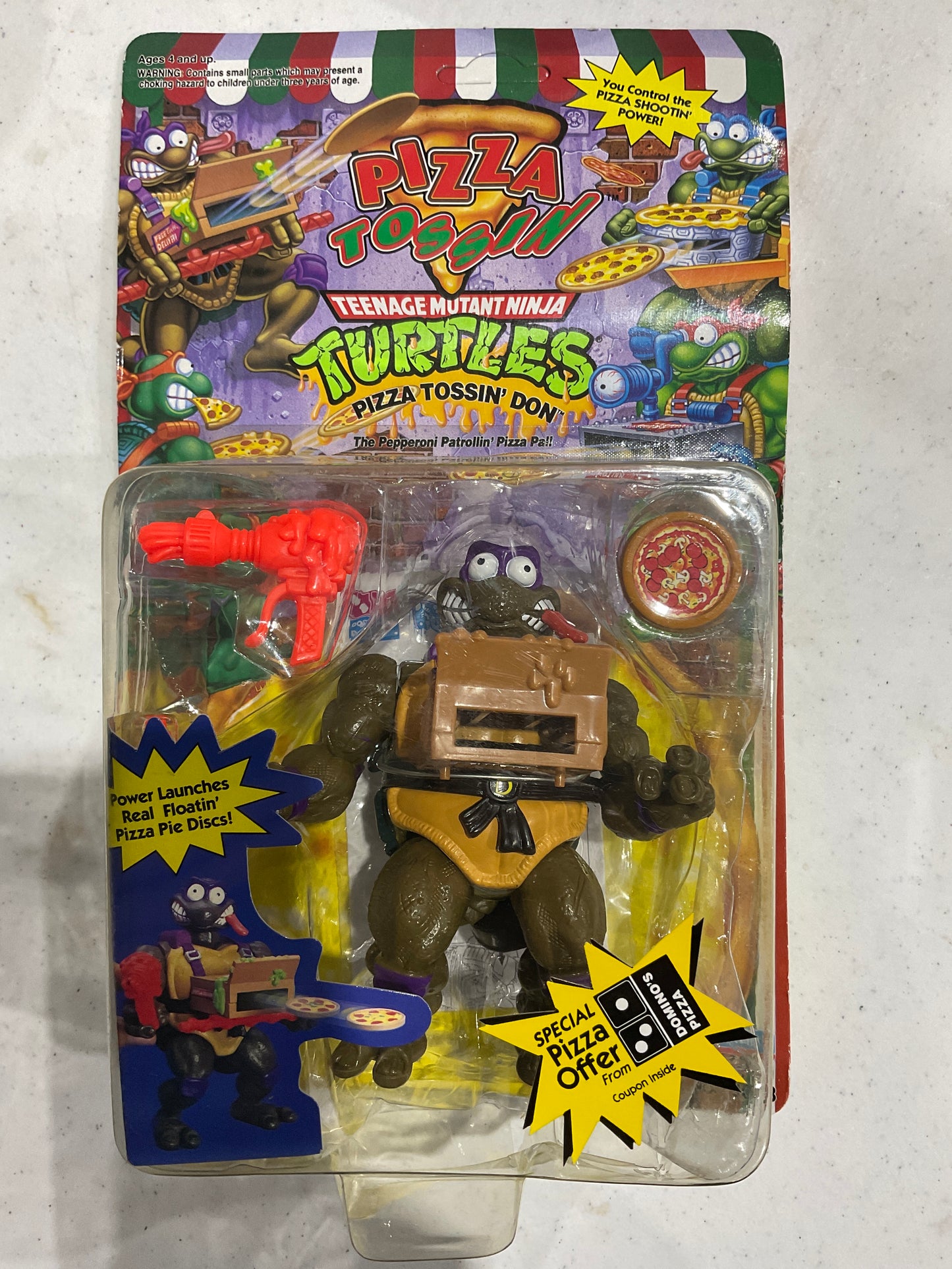 1994 TMNT Pizza Tossin’ Don sealed on card, DAMAGED BUBBLE